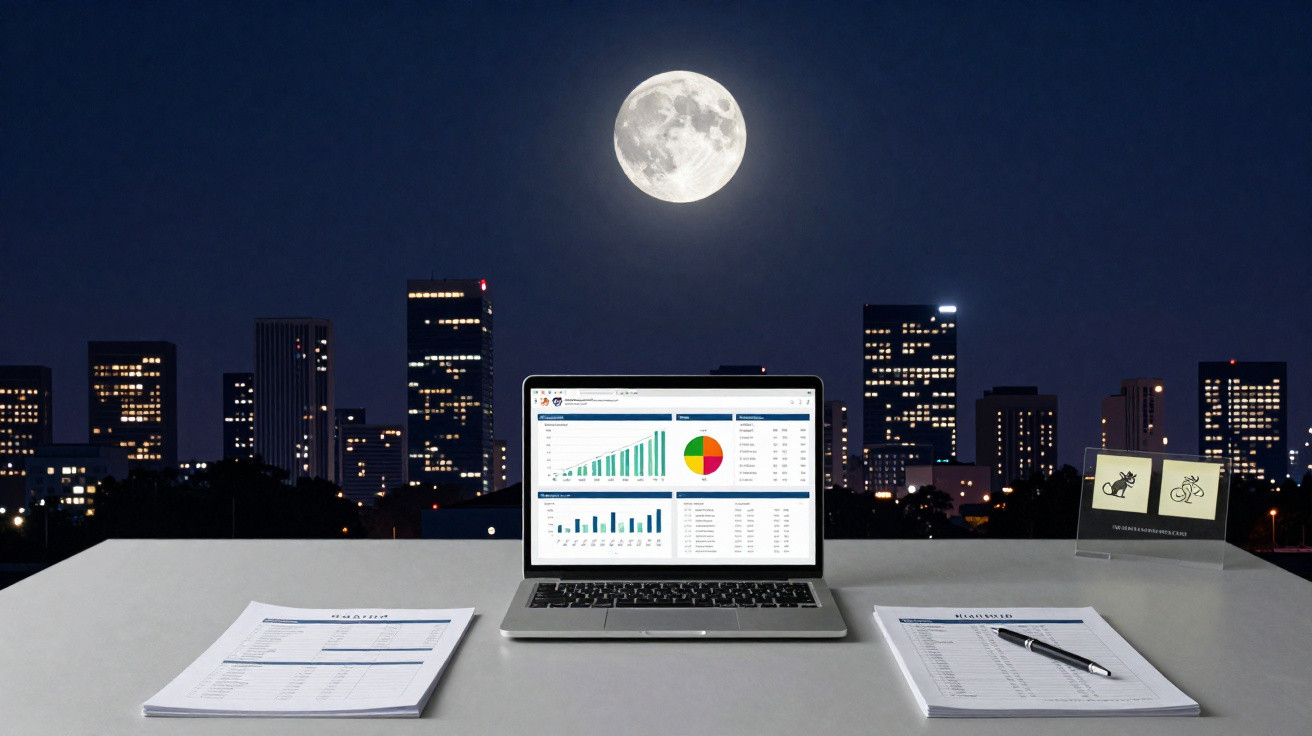 Computador portátil com gráficos num escritório à noite com cidade iluminada e lua cheia ao fundo.