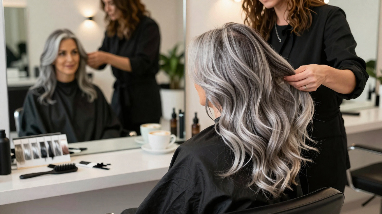 Mulher com cabelo longo e grisalho a ser penteado por cabeleireira num salão de beleza moderno.