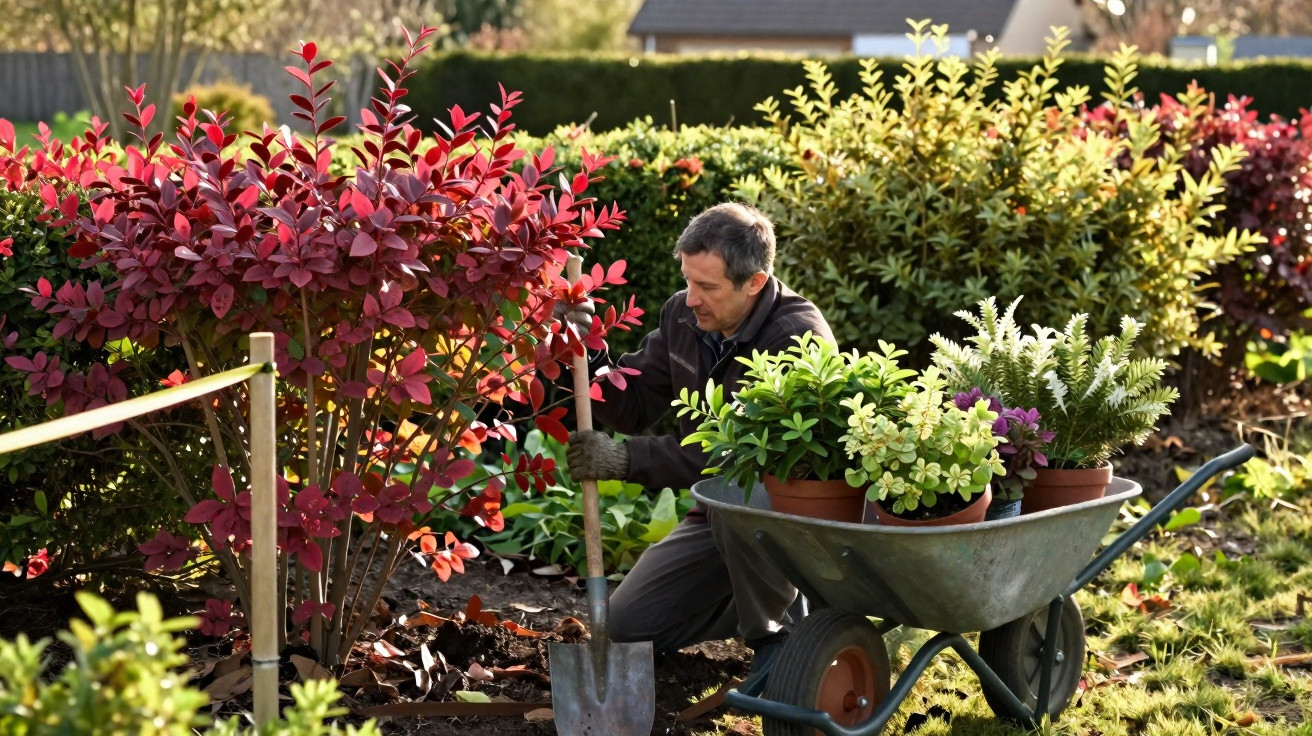 Homem a cavar terra junto a arbusto e carrinho com vasos de plantas num jardim ensolarado.
