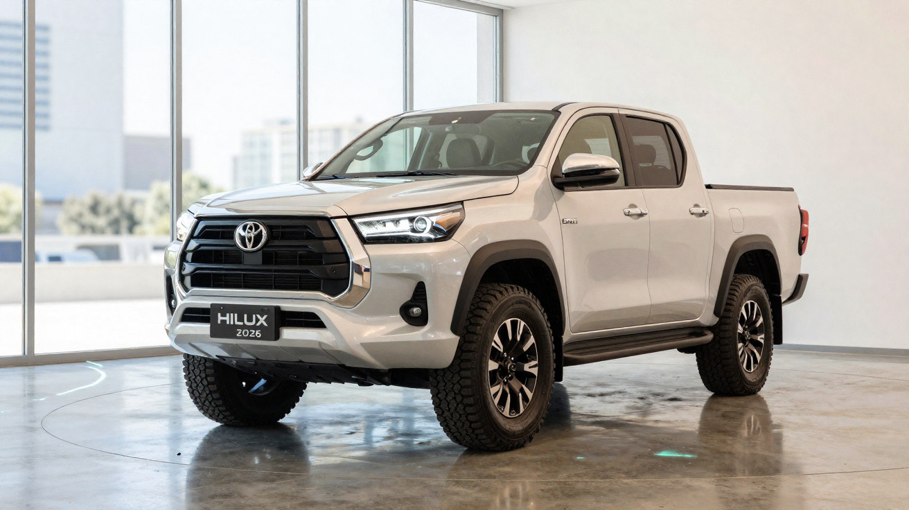 Picape Toyota Hilux 2026 branca em exposição, vista lateral dianteira, ambiente interior moderno e luminoso.