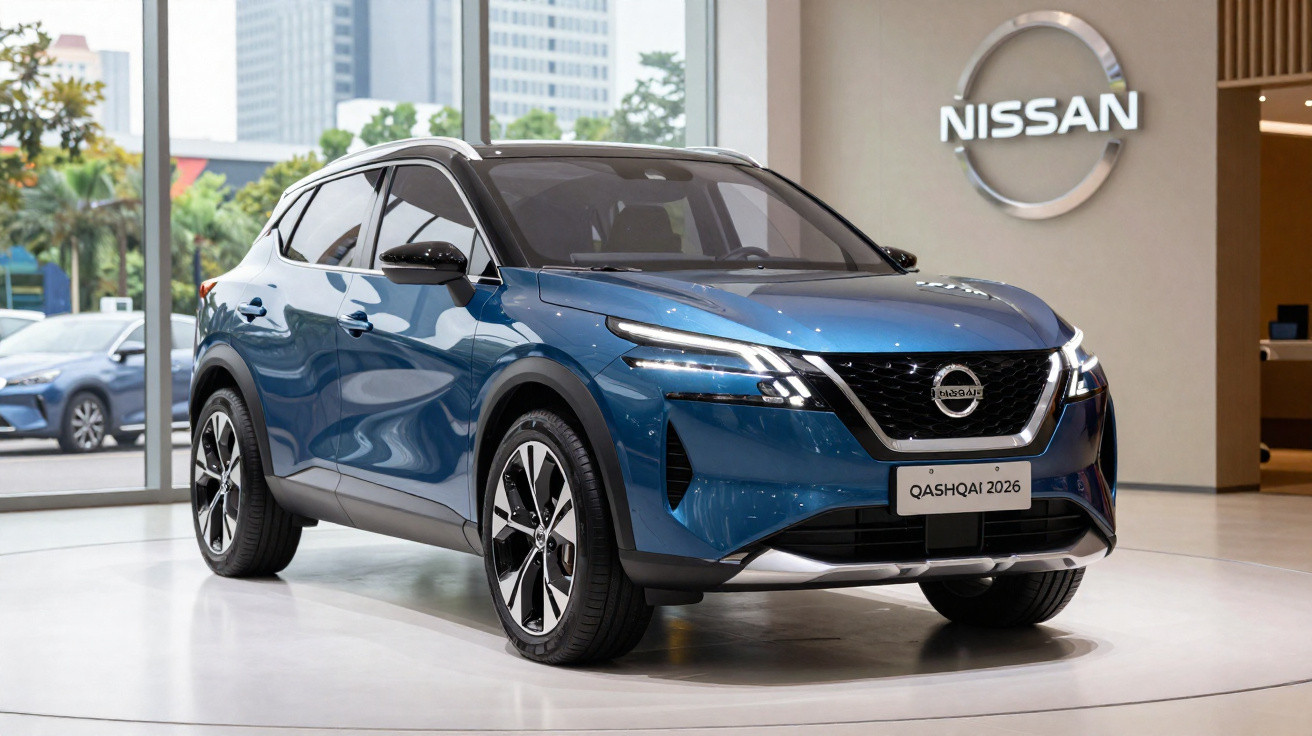 Carro SUV Nissan Qashqai 2026 azul metálico exposto em salão com logotipo da marca ao fundo.