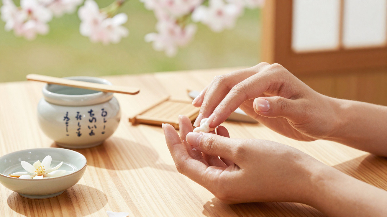 Mãos femininas a segurar uma pétala de flor numa mesa de madeira com utensílios japoneses e flor decorativa.
