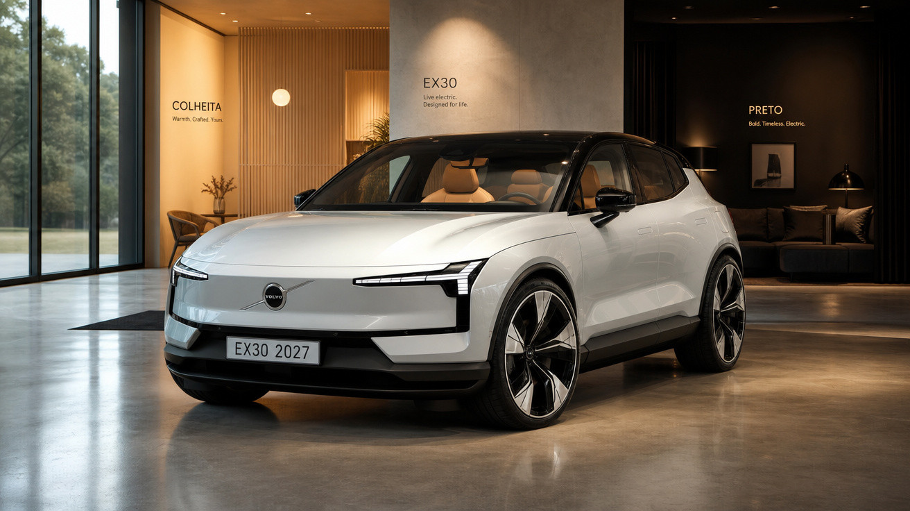 Carro elétrico Volvo EX30 branco em exposição numa sala moderna com iluminação suave.