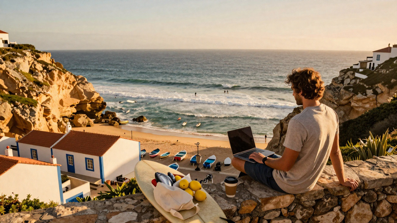 Homem a trabalhar num portátil na praia com prancha de surf e frutos numa paisagem costeira ao pôr do sol.