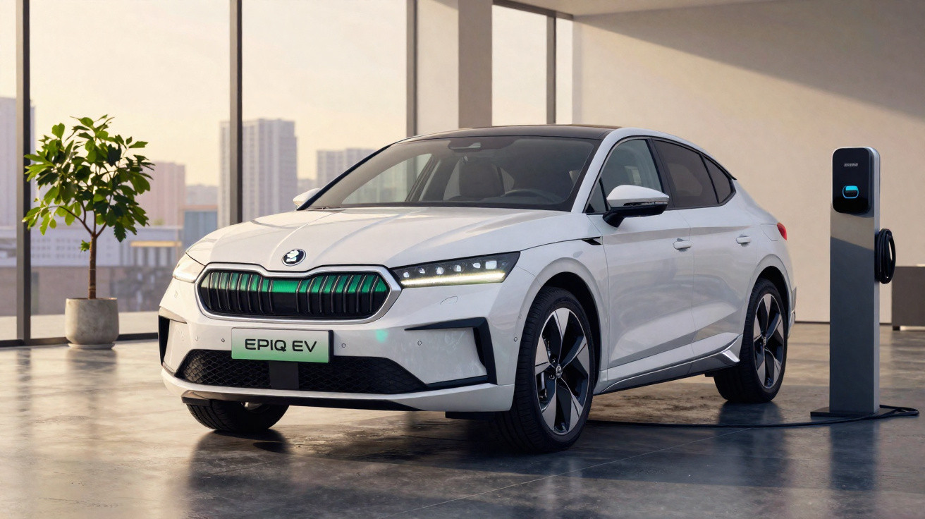 Carro elétrico branco BMW EPIQ EV estacionado junto a posto de carregamento dentro de um edifício moderno.