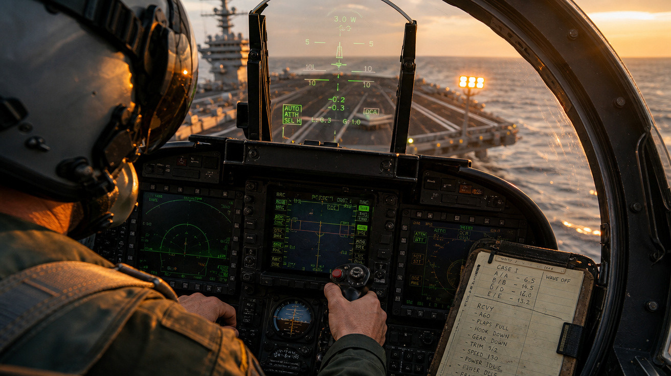 Piloto militar dentro de cockpit de avião com porta-aviões ao longe ao pôr do sol no oceano.
