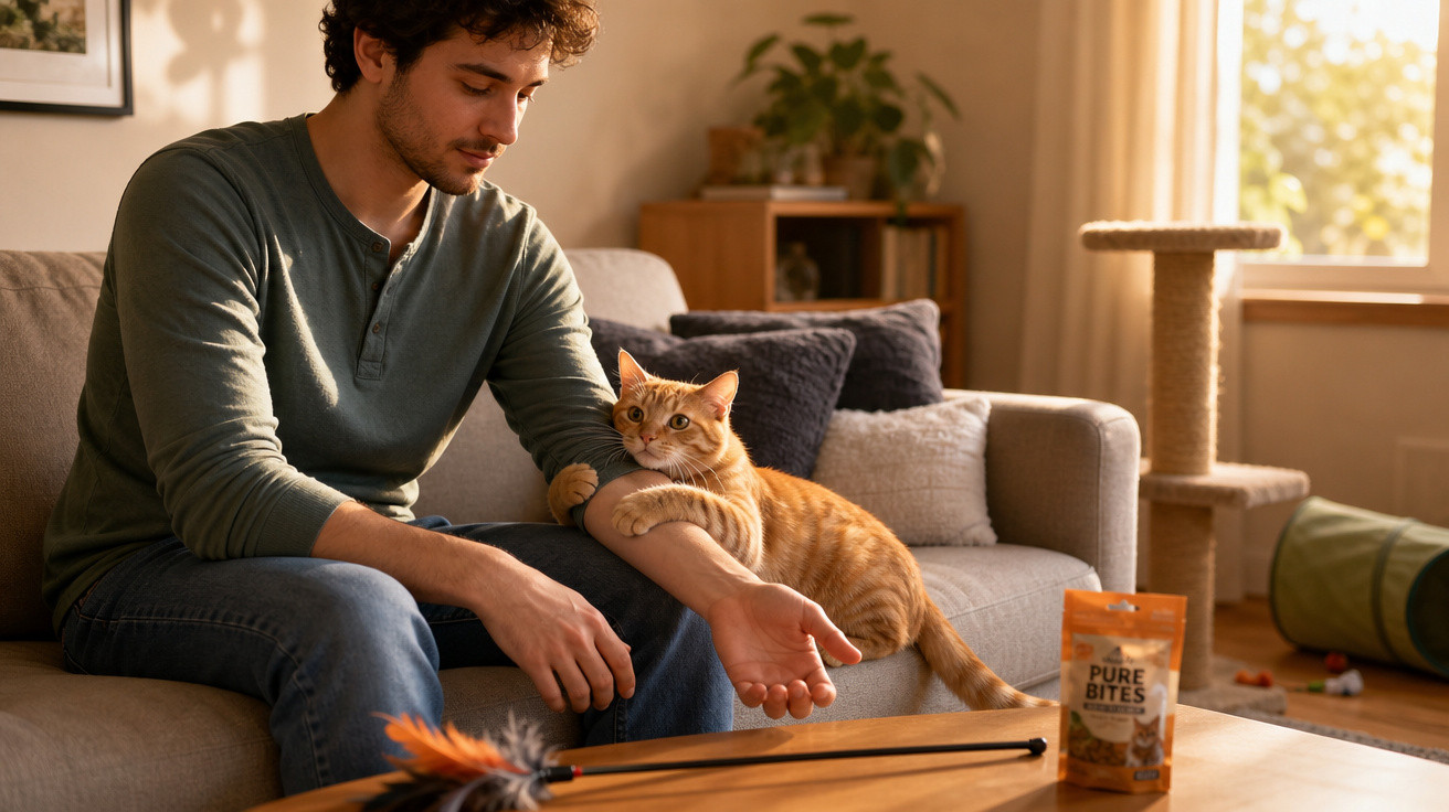 Homem sentado no sofá a brincar com gato laranja numa sala iluminada pela luz do dia.