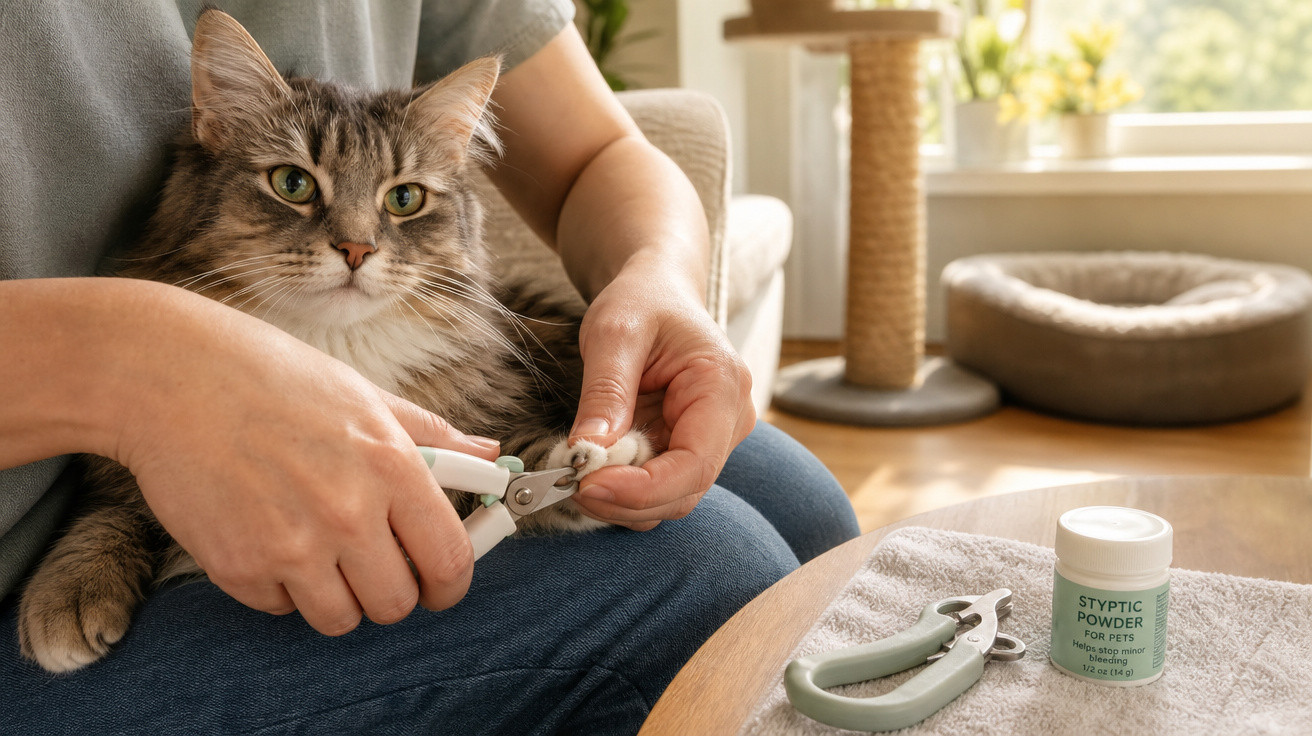 Pessoa a cortar as unhas de um gato cinzento sentado no colo num ambiente doméstico tranquilo.