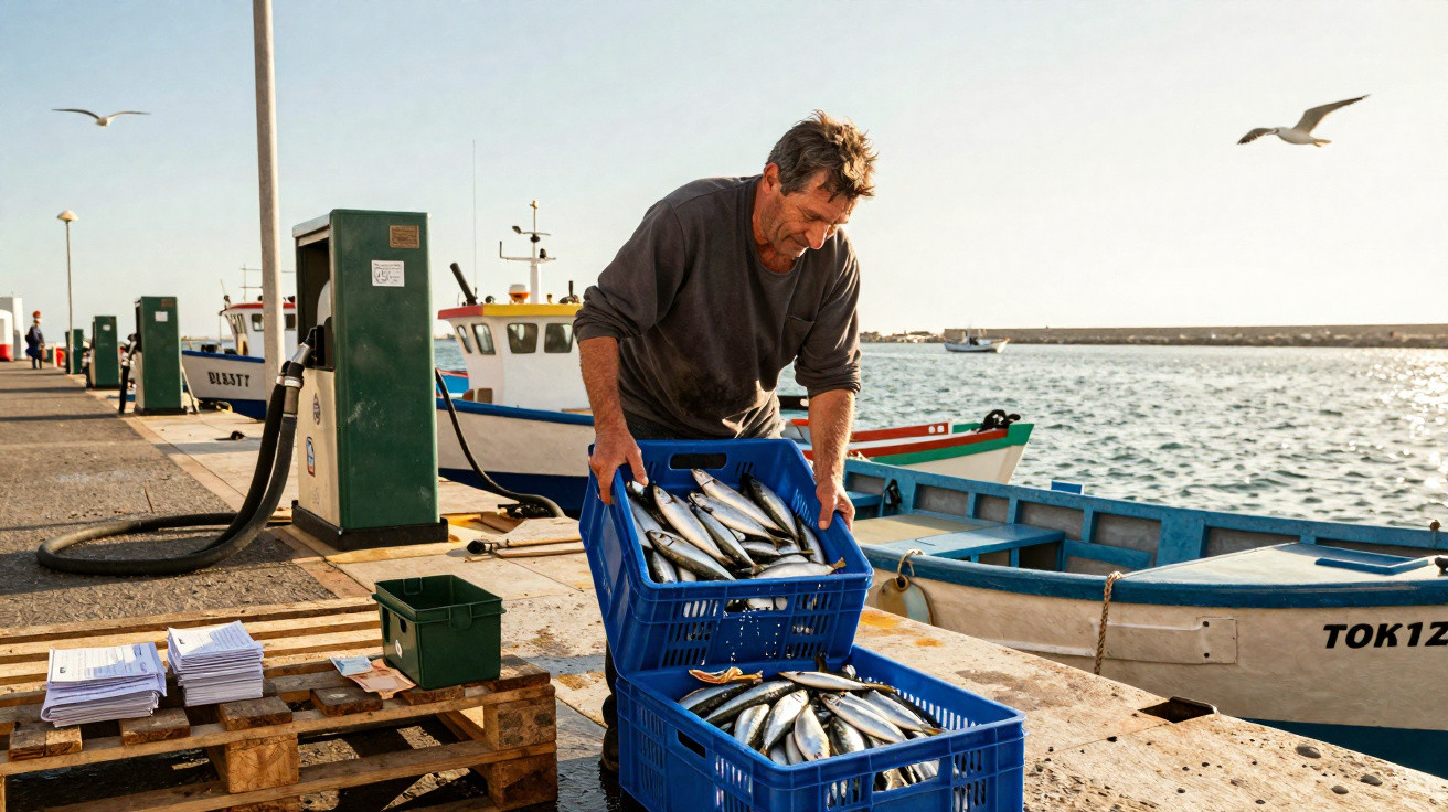 Pescador a transferir caixas com peixes frescos numa doca junto a barcos e gaivotas ao amanhecer.