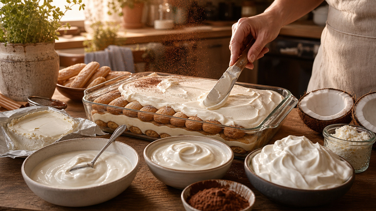 Pessoa a finalizar tiramisù com creme e cacau em tigelas numa cozinha rústica e luminosa.