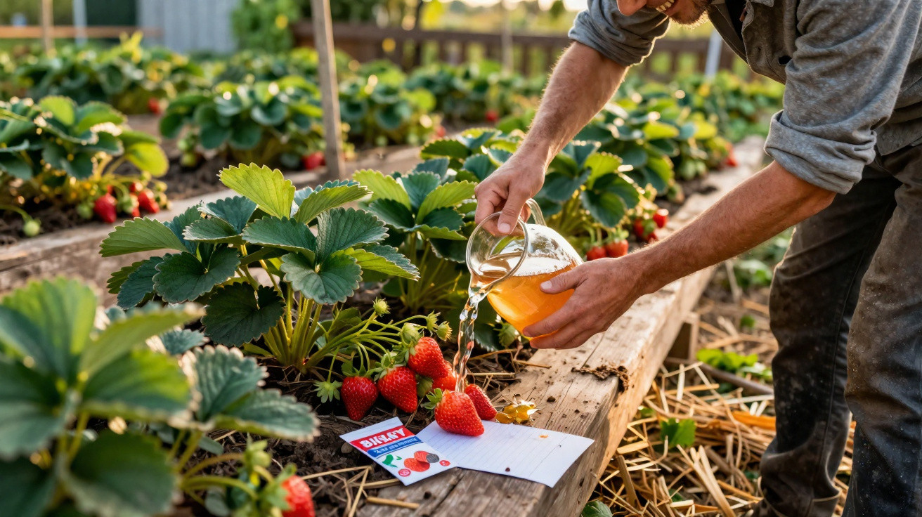 Homem rega plantas de morango num canteiro elevado num jardim ensolarado.