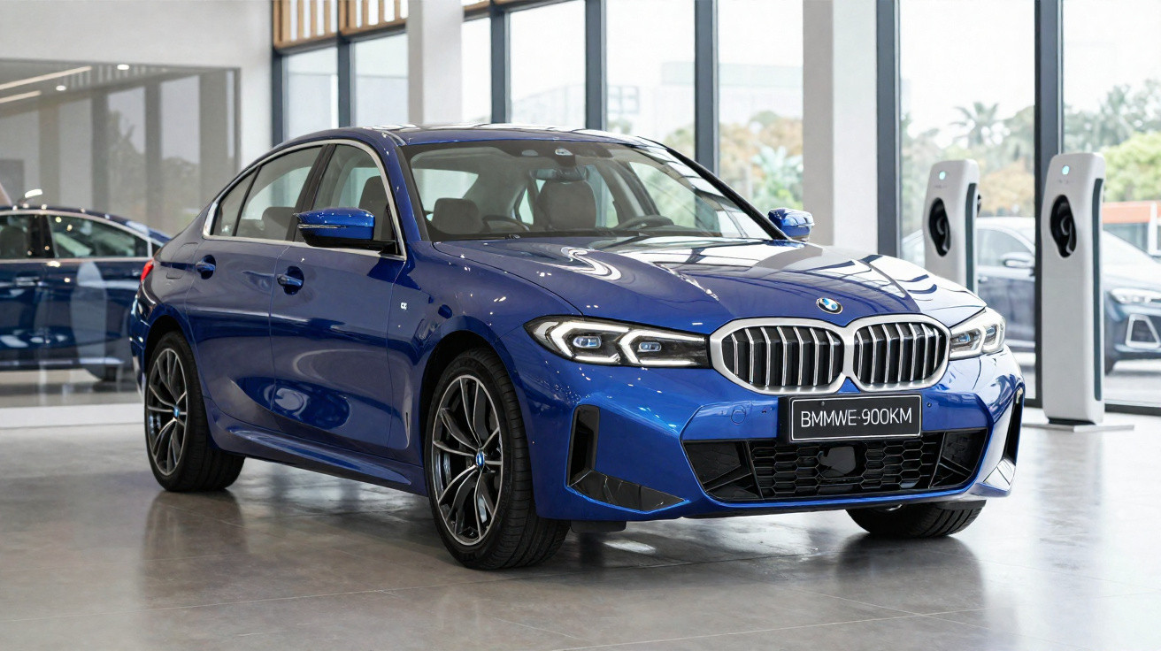 Automóvel BMW azul estacionado em espaço interior com luz natural e carregadores elétricos ao fundo.