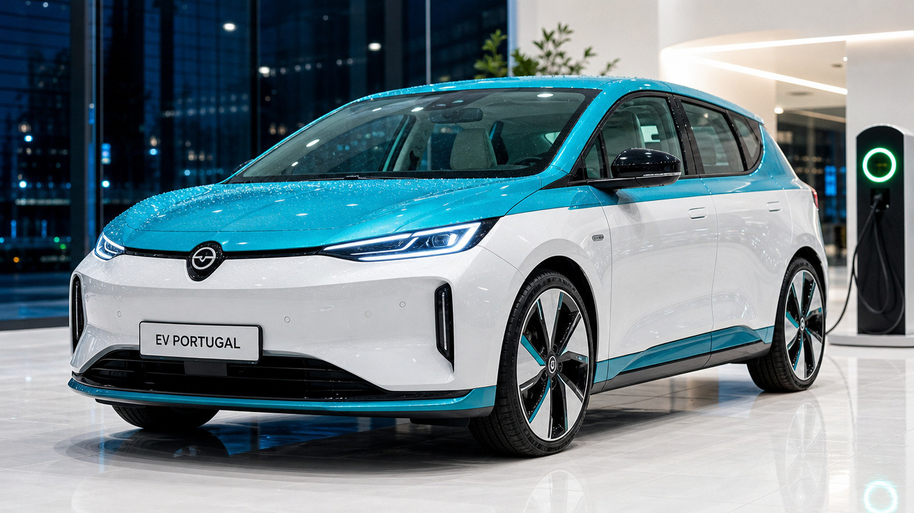 Carro elétrico branco e azul a carregar numa estação dentro de um espaço moderno e iluminado.