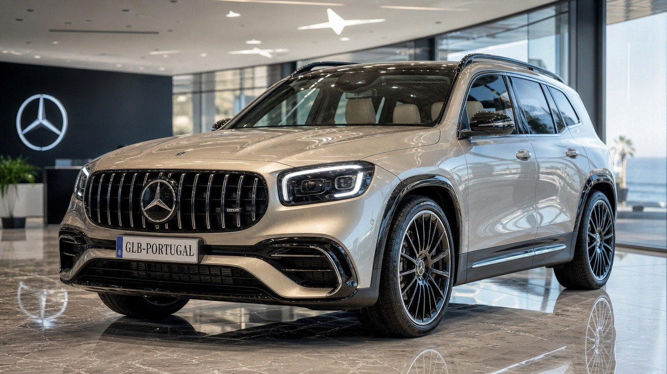 Carro Mercedes-Benz SUV cinza apresentado numa exposição com chão de mármore e janela panorâmica.