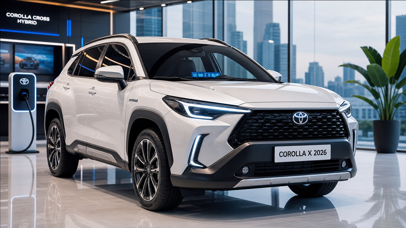 Carro Toyota Corolla Cross 2026 branco híbrido exposto em show-room moderno com janelas grandes e planta decorativa.