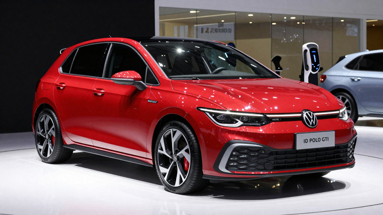 Carro Volkswagen ID Polo GTI vermelho mostrado numa exposição automóvel, com carregador elétrico ao fundo.