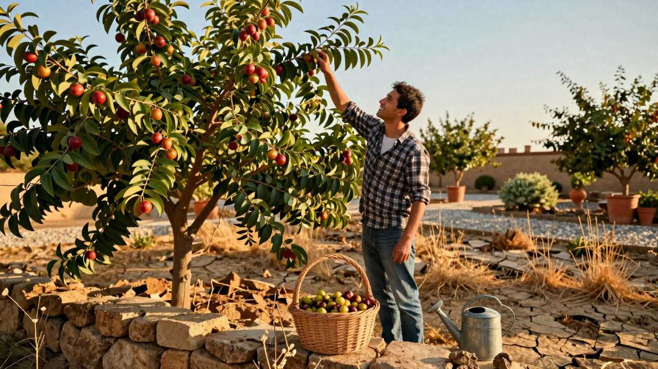 Homem colhendo frutas maduras numa árvore num pomar com cesta cheia de frutas ao lado.
