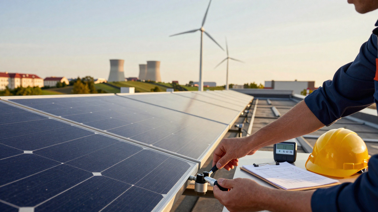Técnico ajusta painel solar com turbinas eólicas e centrais eléctricas ao fundo numa paisagem industrial.