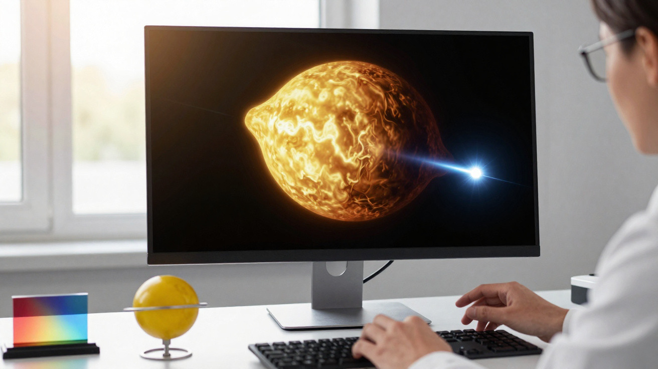 Pessoa a observar animação digital de estrela num monitor com modelo solar na secretária.