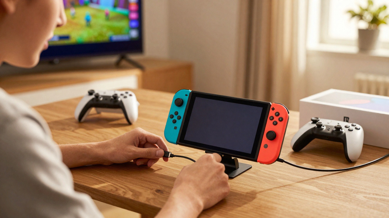 Pessoa a ligar consola portátil Nintendo Switch sobre mesa de madeira com comandos e televisão ao fundo.