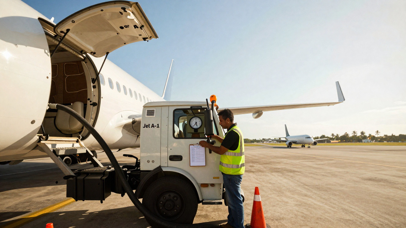Funcionário abastece avião com combustível Jet A-1 num aeroporto ao amanhecer.