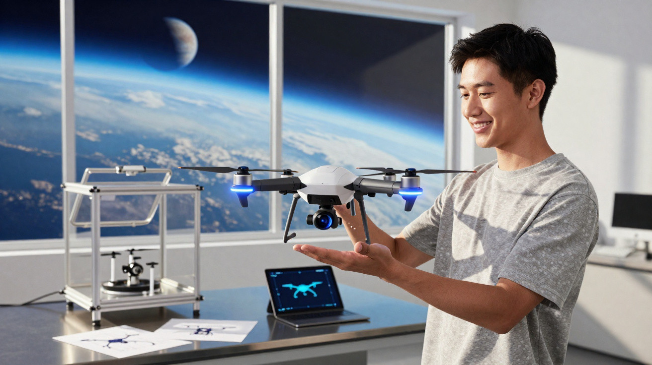 Jovem segura drone tecnolóxico num laboratório com planetas visíveis na janela.