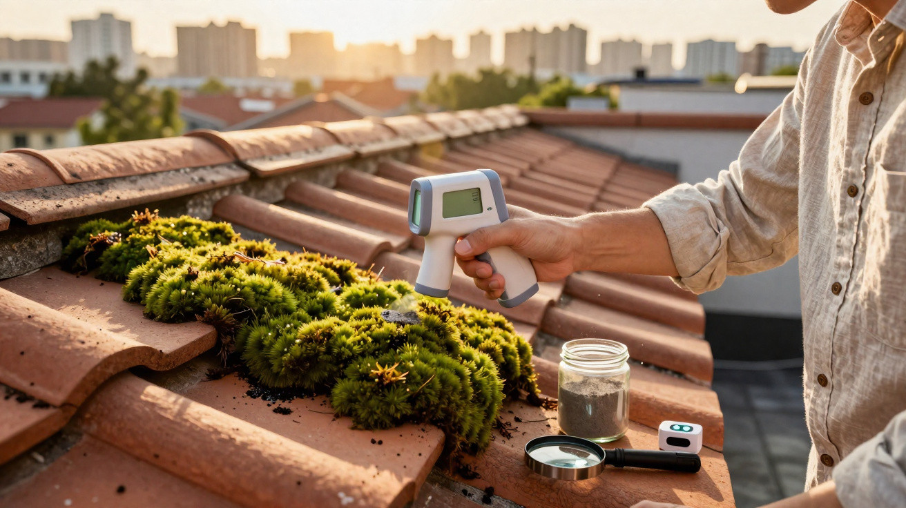 Pessoa a medir vegetação em telhado de telhas com termómetro infravermelho ao pôr do sol.