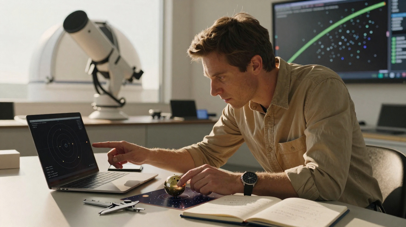 Homem a investigar assunto relacionado com astronomia, com computador, livros e telescópio.