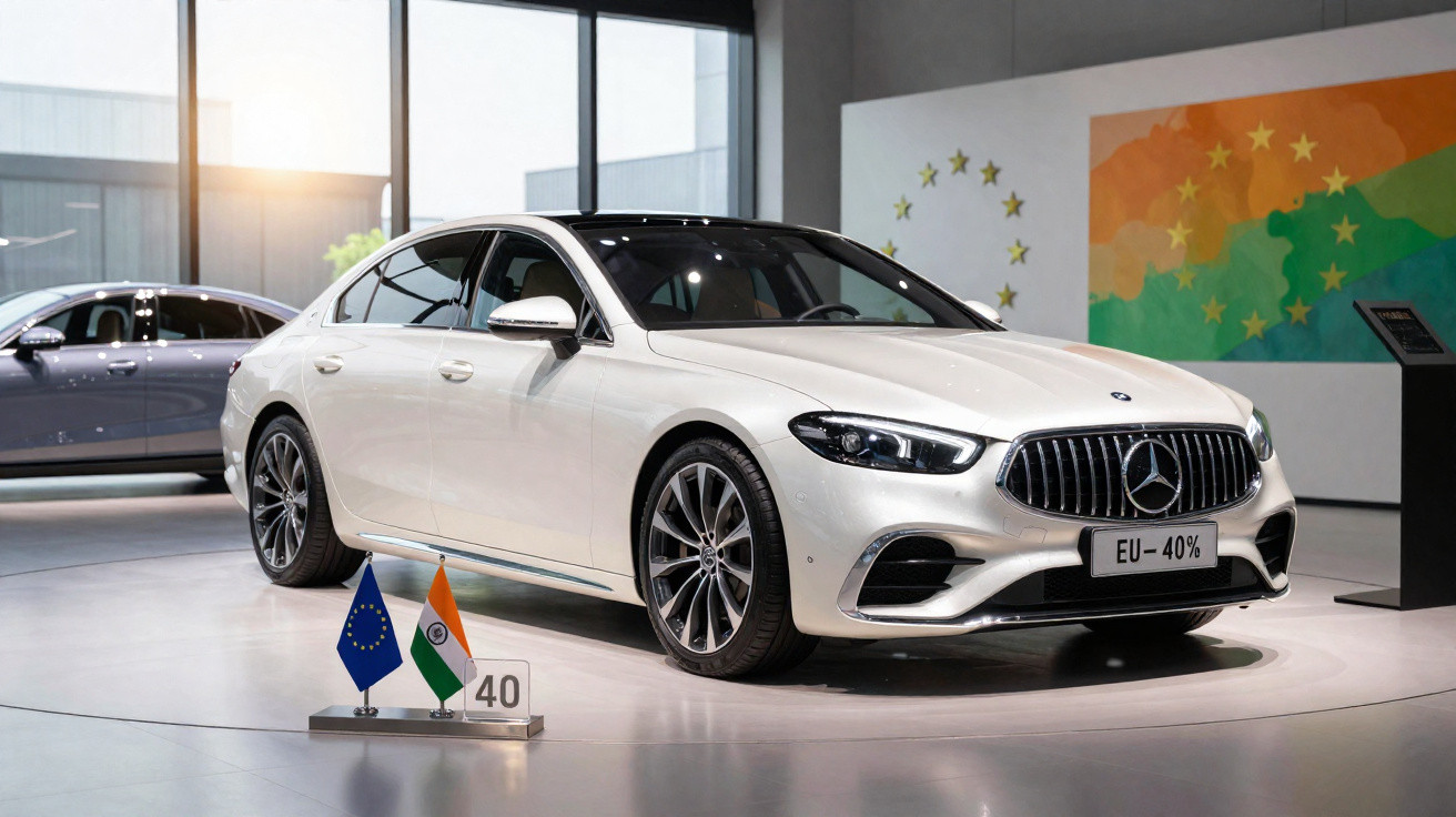 Carro branco Mercedes-Benz exposto em showroom com bandeiras da União Europeia e Índia à frente.