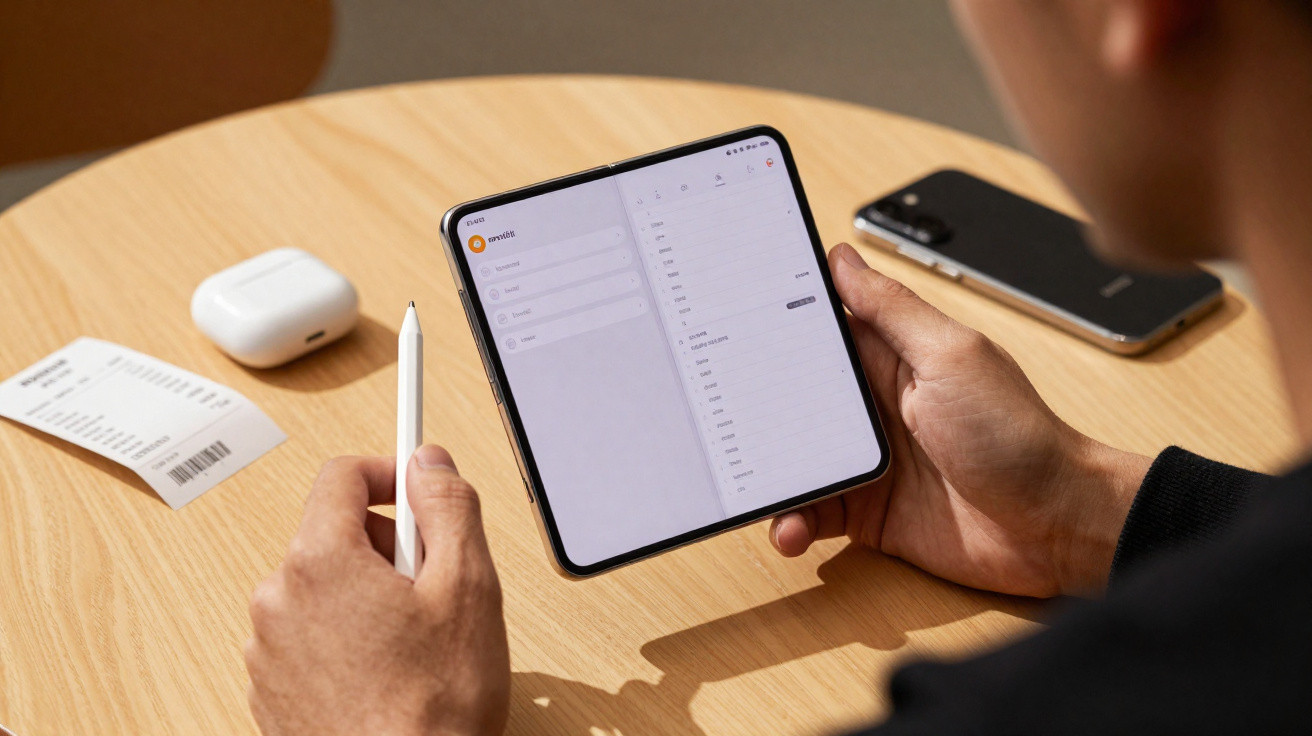 Pessoa a usar smartphone dobrável com caneta digital enquanto está sentada numa mesa de madeira.
