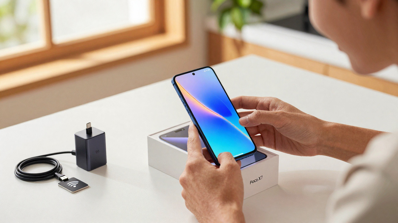 Pessoa a segurar um smartphone azul junto à caixa do aparelho sobre uma mesa branca iluminada.