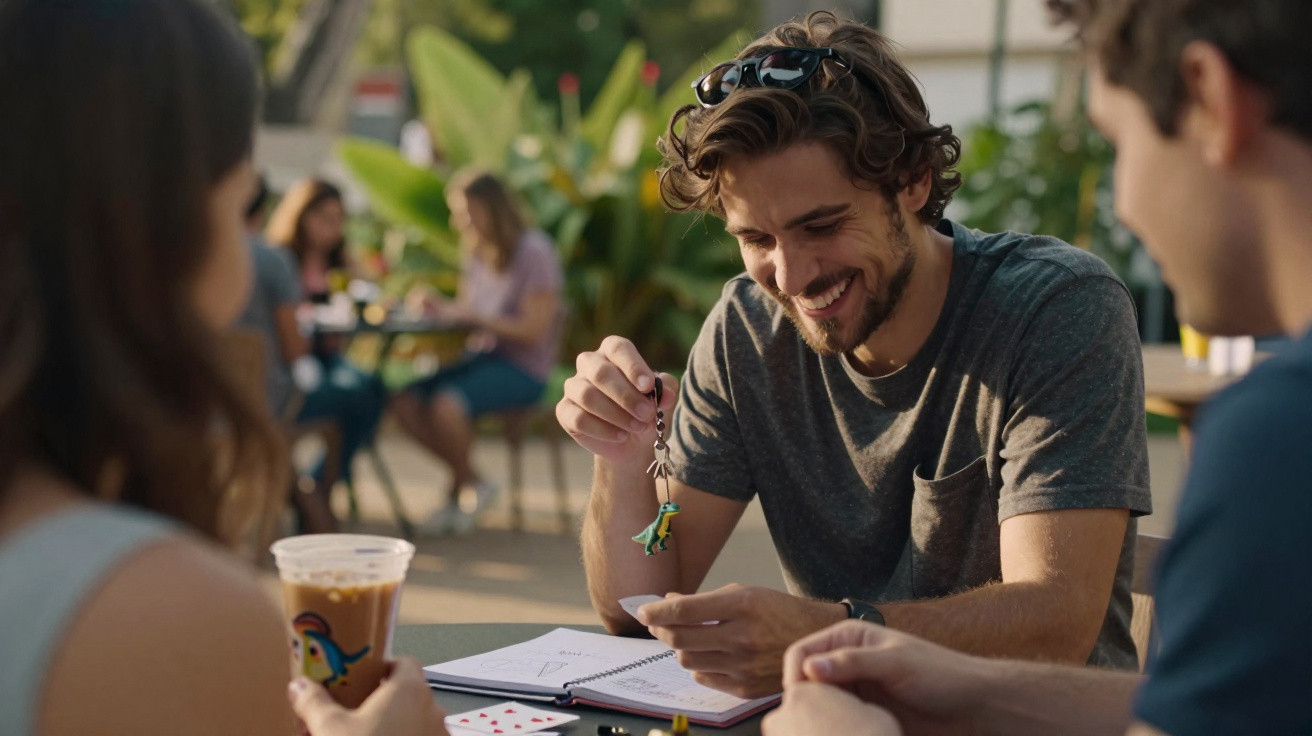 Jovem sorridente a mostrar um chaveiro colorido sentado à mesa com amigos num café ao ar livre.