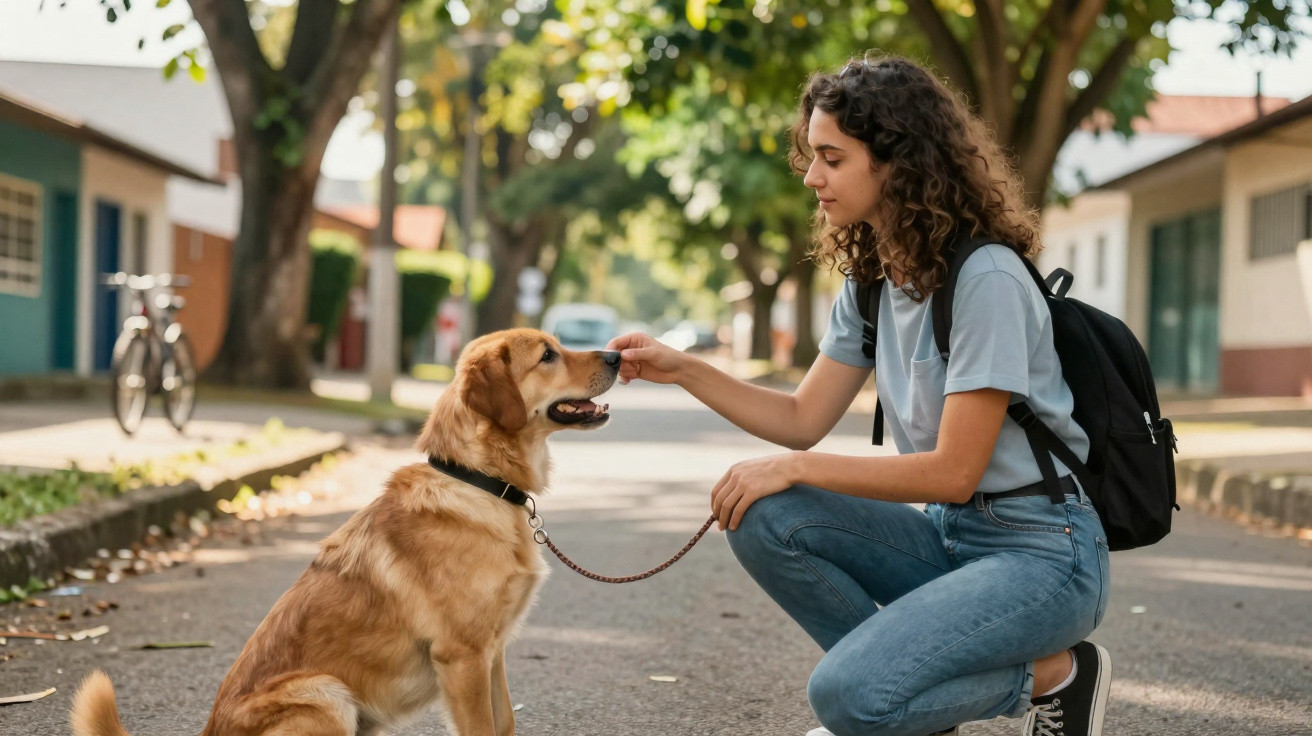 Jovem mulher ajoelhada a alimentar um cão dourado numa rua com árvores e casas ao fundo.