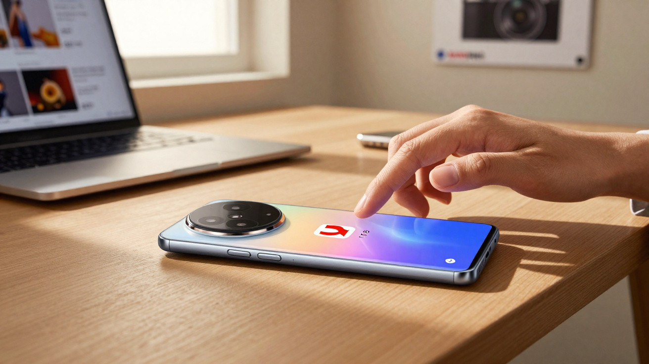 Pessoa a tocar no ecrã de smartphone colocado numa secretária de madeira com portátil ao fundo.