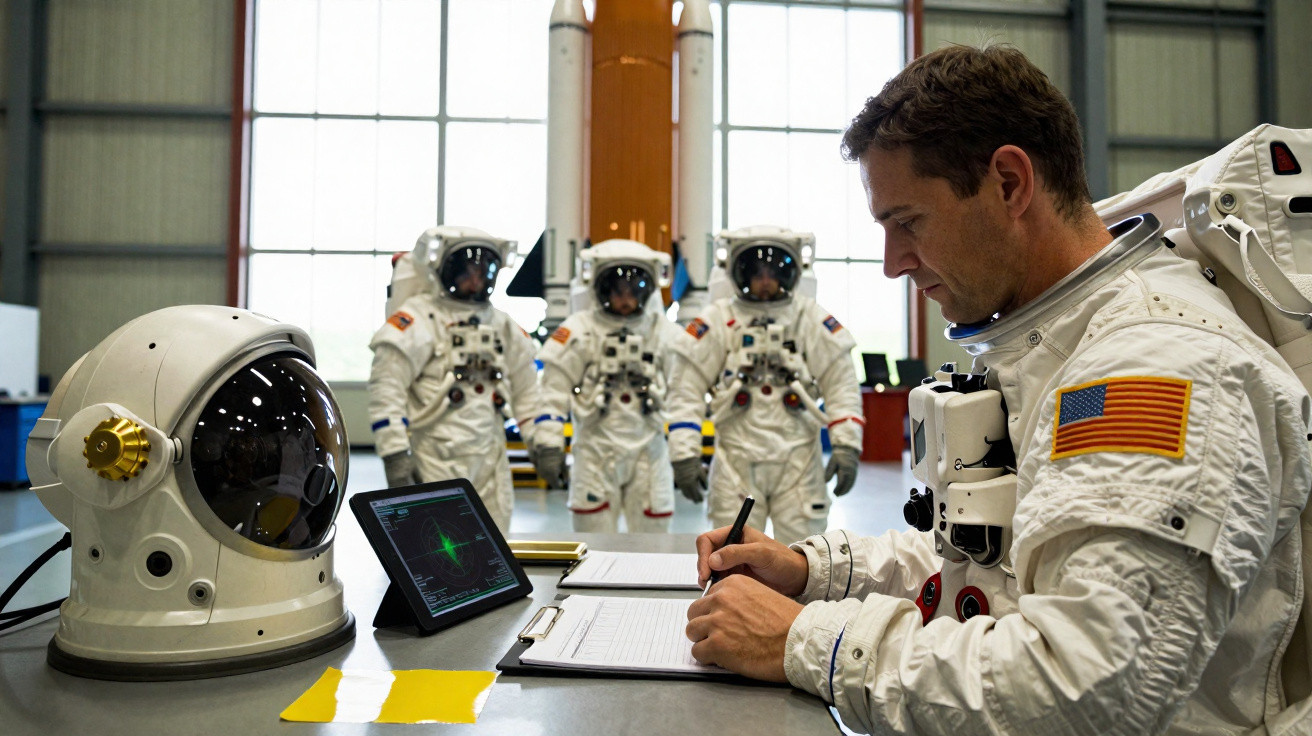 Astronauta em fato espacial escreve em prancheta, enquanto outros três estão em fundo de hangar com foguete.