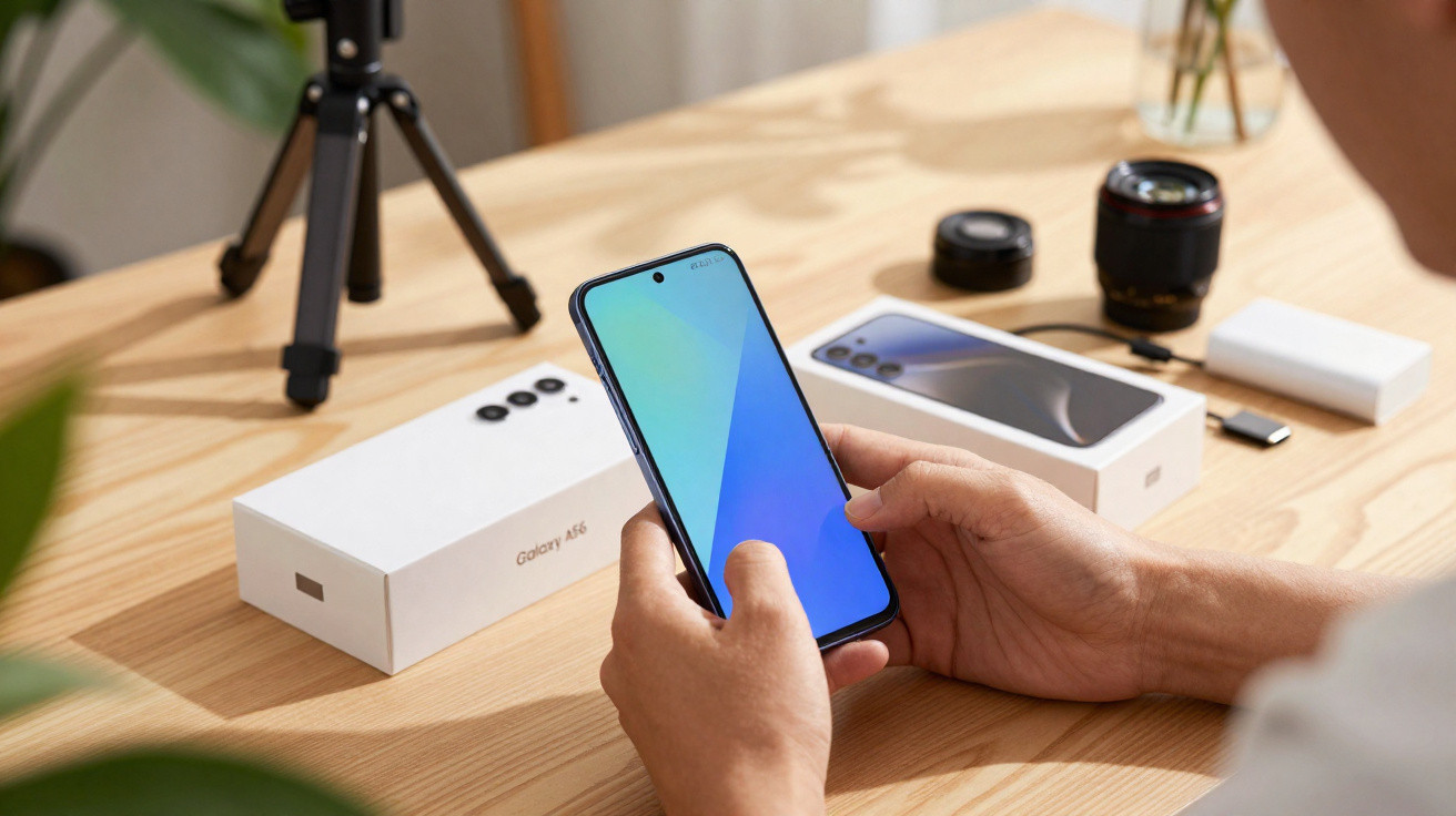Pessoa a segurar um telemóvel Samsung Galaxy A46 à frente da sua caixa e acessórios numa mesa de madeira.