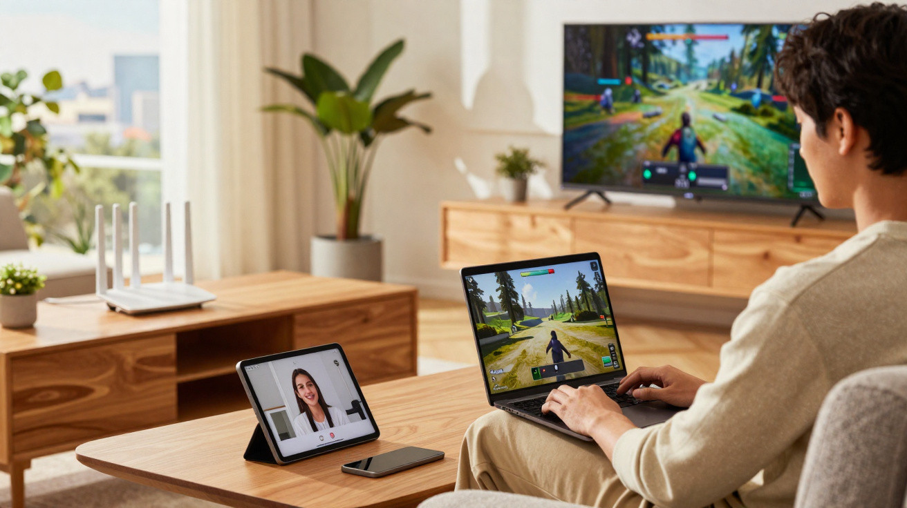 Homem sentado a jogar videojogo no portátil, com videochamada aberta num tablet à sua frente numa sala moderna.