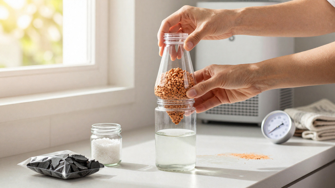 Mãos a despejar lentilhas laranja de um funil para um frasco de vidro transparente numa bancada branca junto a uma janela.
