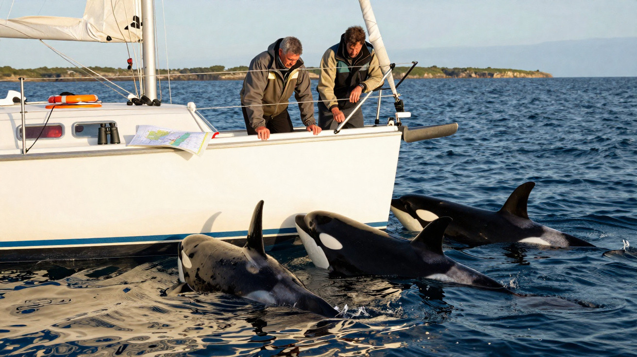 Duas pessoas observam três orcas junto a um veleiro branco no mar calmo ao pôr do sol.