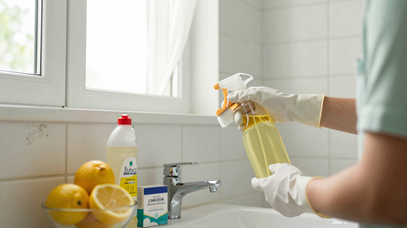 Pessoa a limpar uma torneira da cozinha com luvas brancas e spray amarelo de limpeza.