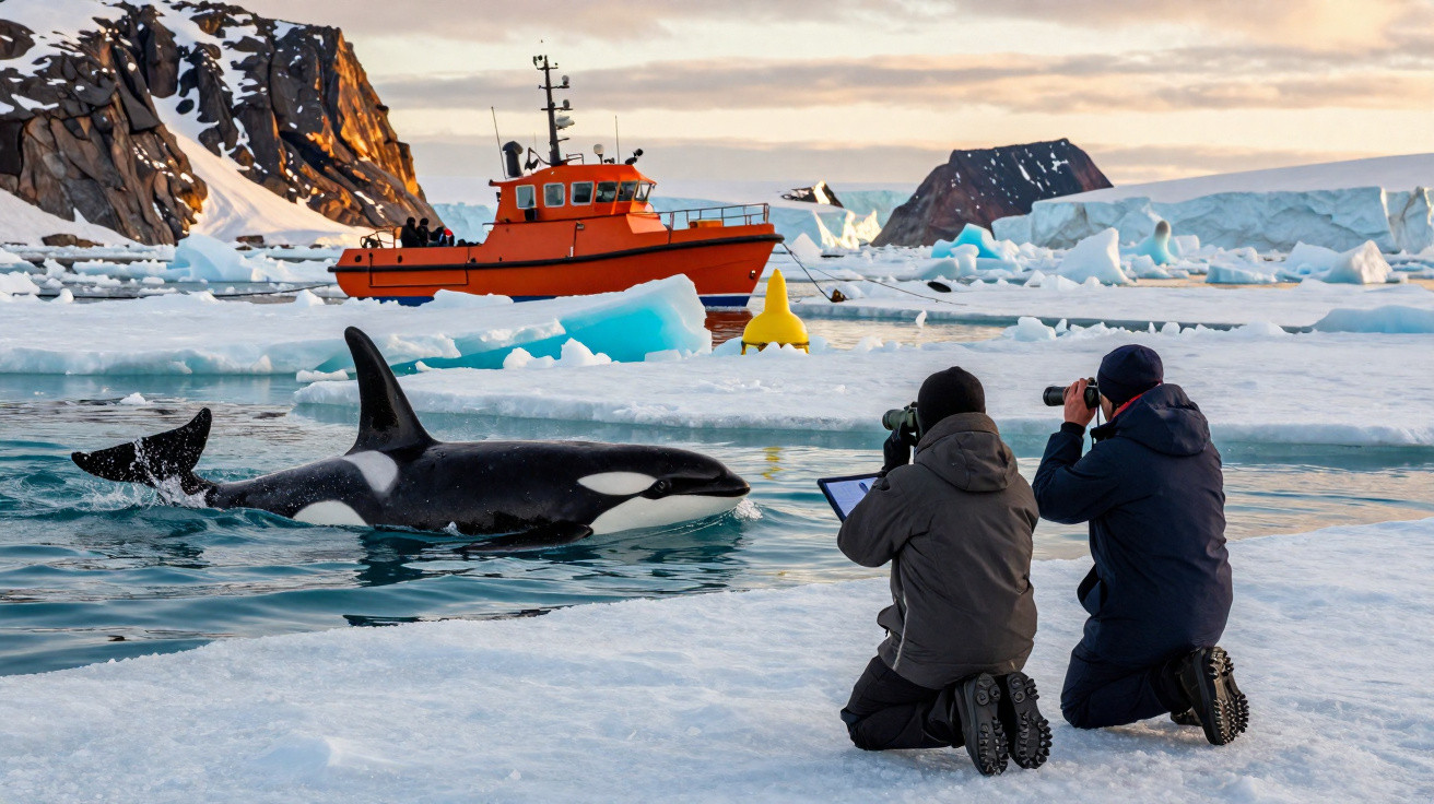 Duas pessoas fotografam uma orca junto a blocos de gelo flutuantes e barco laranja na água polar.