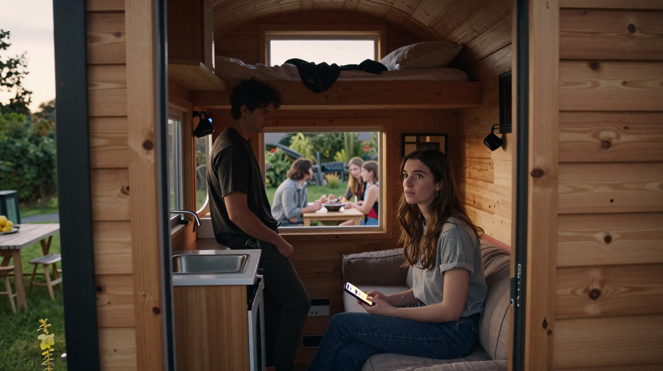 Interior de uma pequena casa de madeira com dois jovens no sofá e três pessoas numa mesa no exterior.