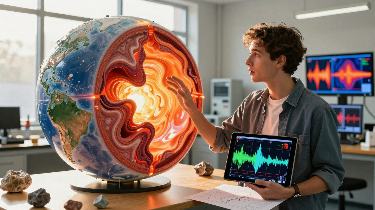 Jovem estuda modelo do interior da Terra e segura tablet com gráficos de ondas sísmicas.