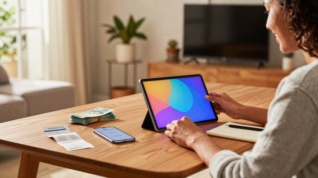 Pessoa a usar tablet na mesa com dinheiro, telemóvel, recibo e caderno num ambiente doméstico iluminado.