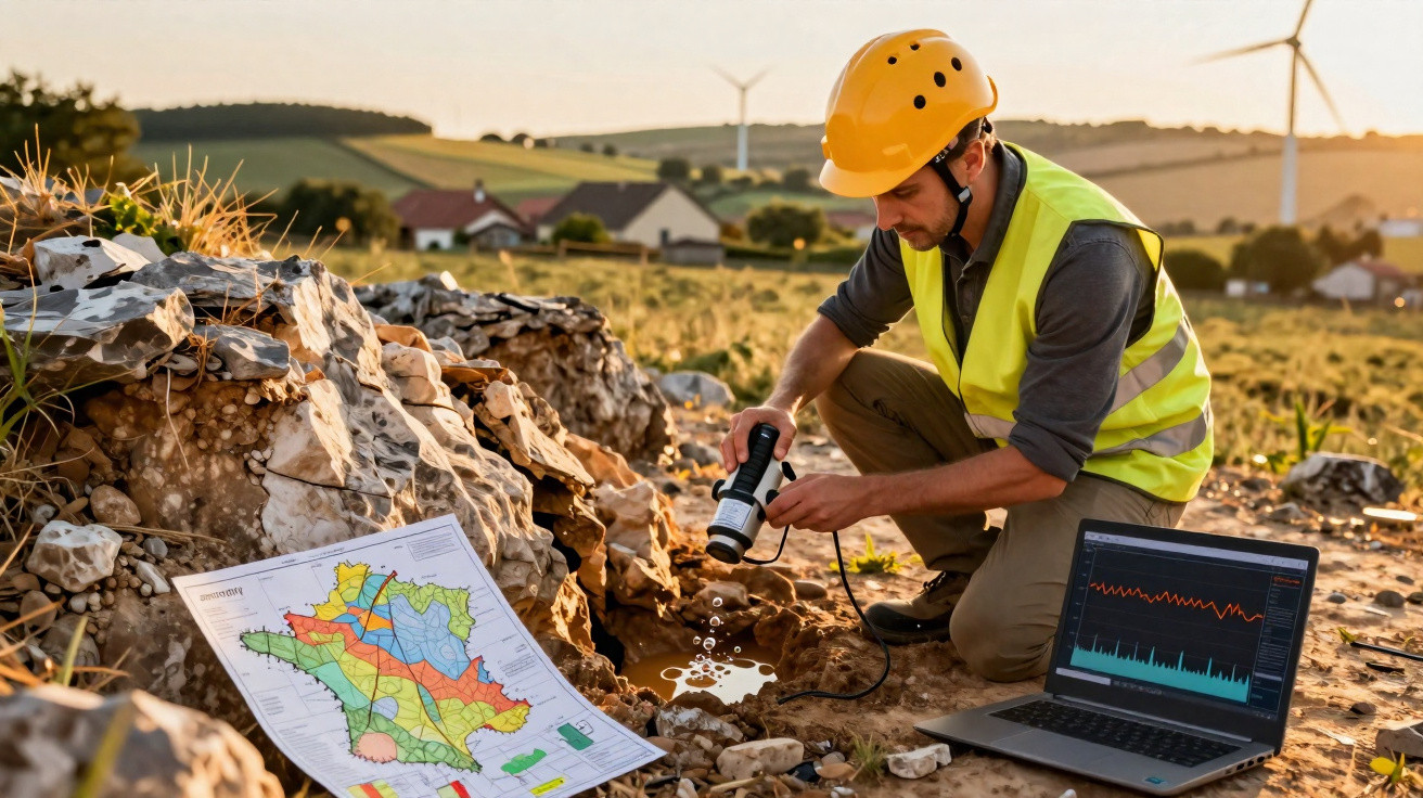 Geólogo com capacete e colete de segurança analisa amostra de solo com aparelho, perto de mapa e computador num campo.