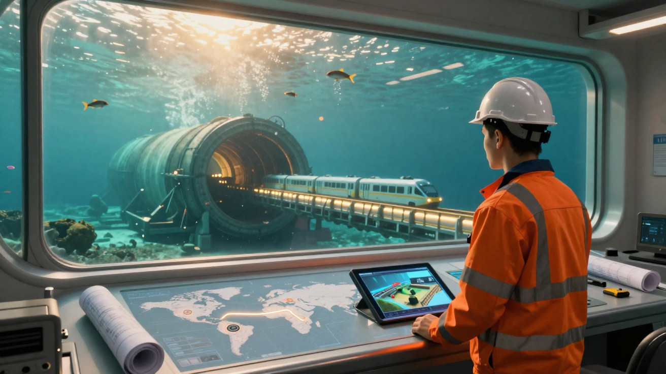 Engenheiro a controlar comboio subaquático que atravessa túnel em oceano, visível através de janela panorâmica.