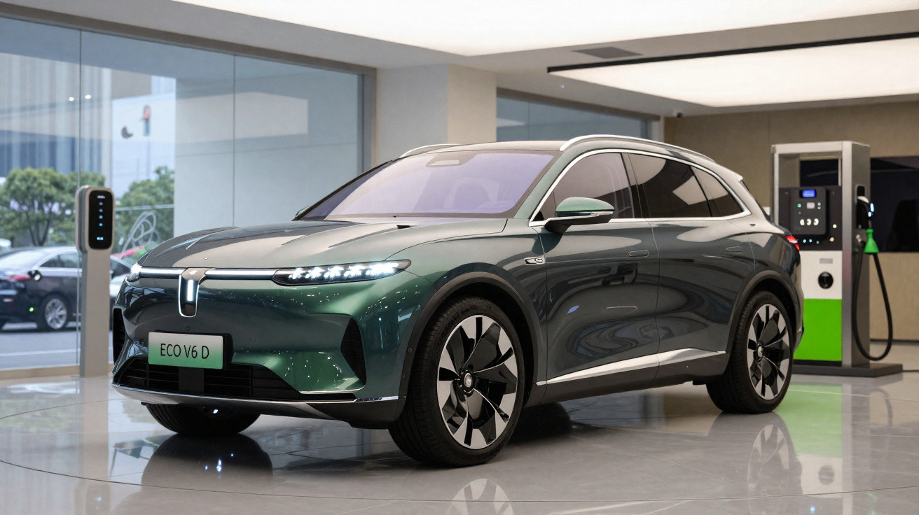 Carro elétrico moderno verde escuro estacionado em área de carregamento coberta com painéis de vidro.