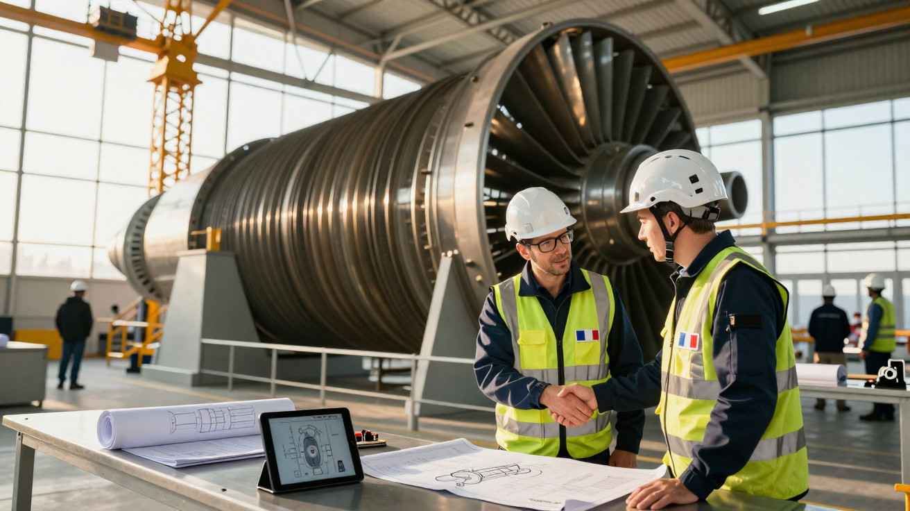 Dois engenheiros com capacetes e coletes de segurança cumprimentam-se diante de turbina industrial numa fábrica.