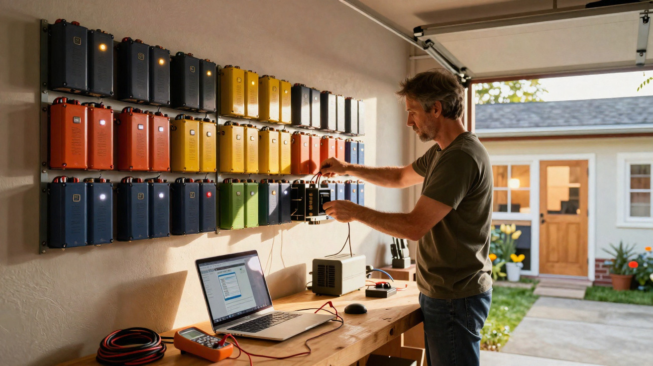 Homem num laboratório com dispositivos coloridos montados na parede e um portátil num banco de trabalho.