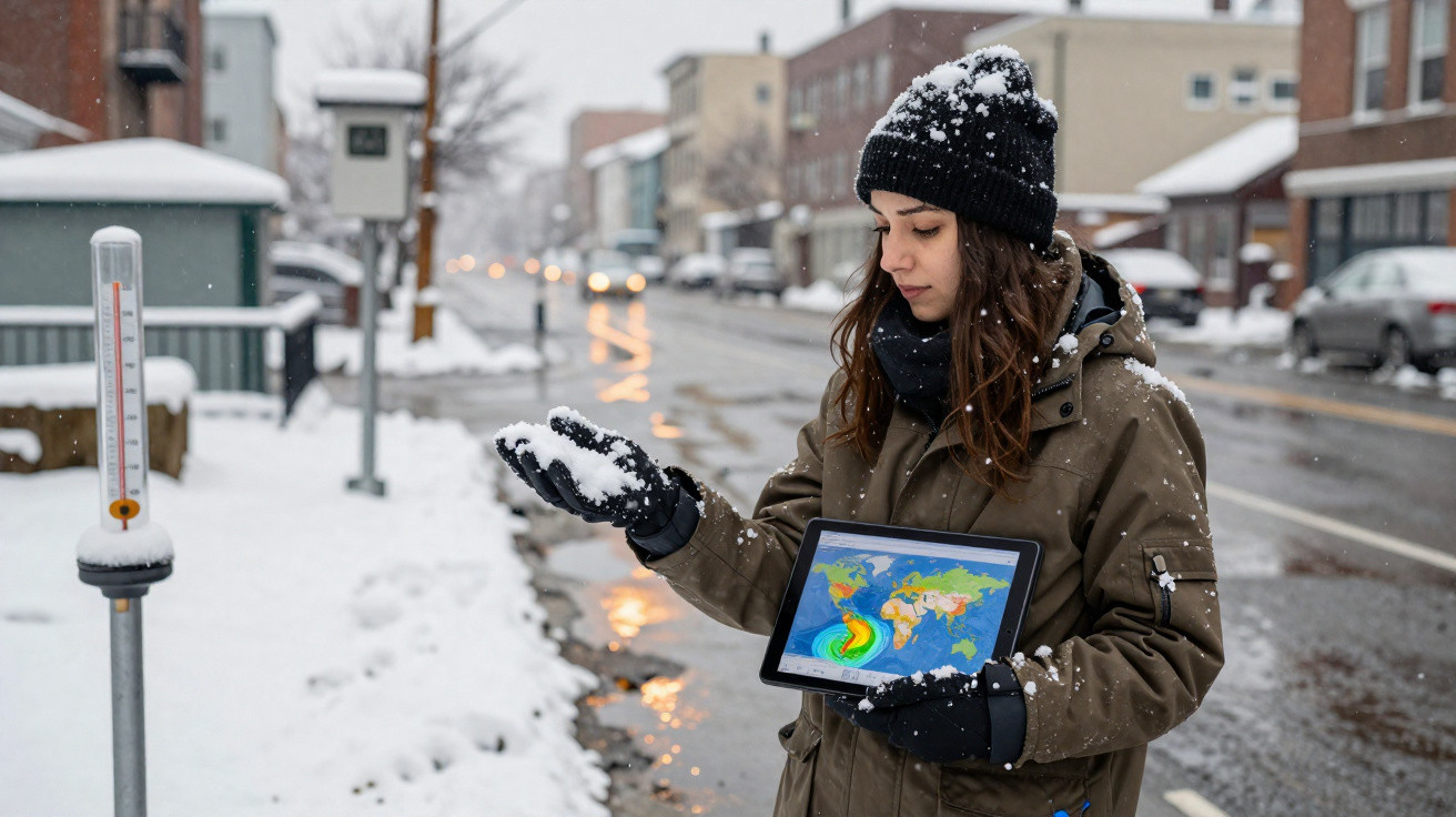 Mulher com roupa de inverno segura tablet com mapa meteorológico numa rua com neve.